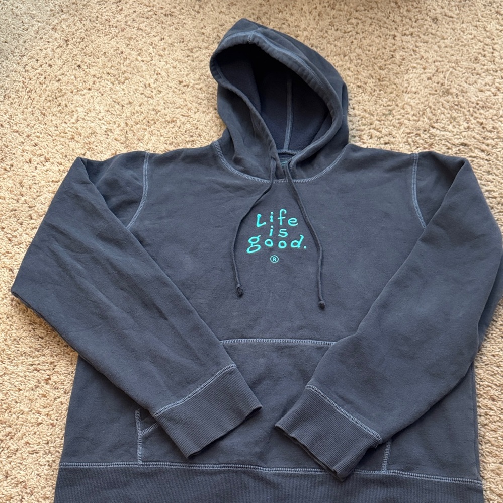 Life Is Good Navy Hoodie with Teal Logo